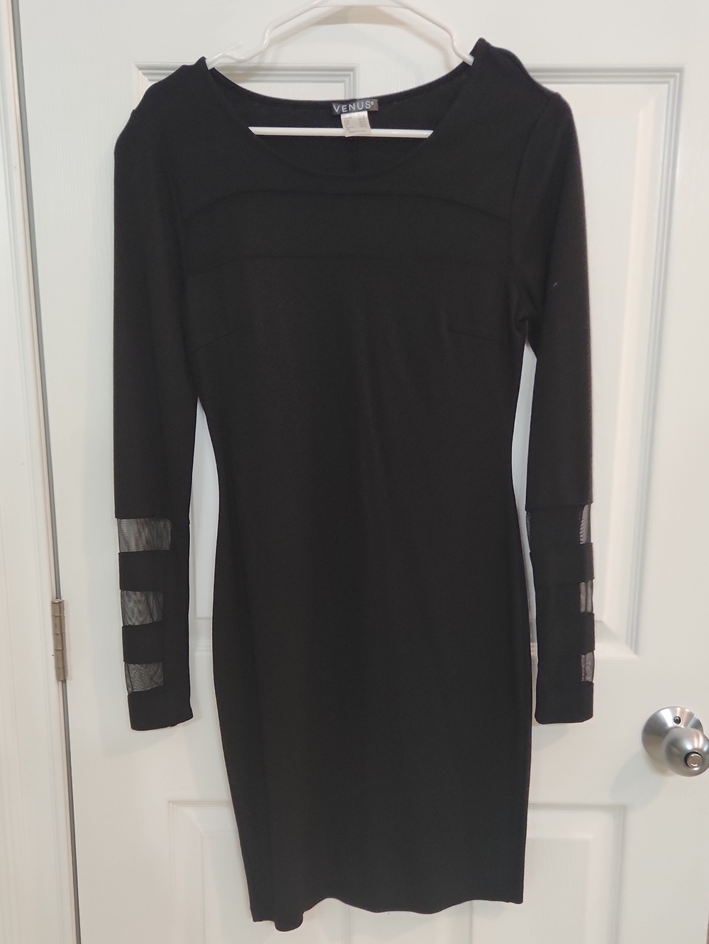 VENUS Black Long Sleeve Sheath Dress with Mesh Chest & Lower Long Sleeve Panels